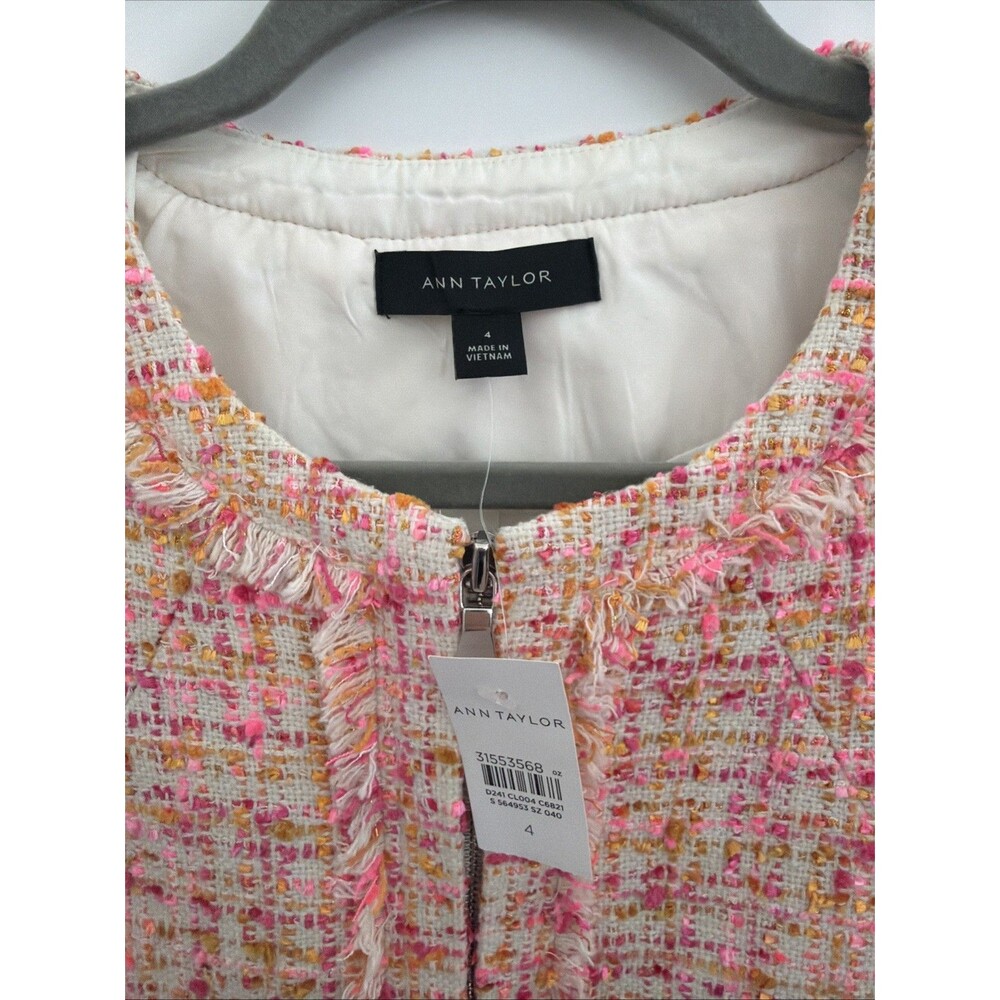 Ann Taylor Tweed Bouclé Blazer Plaid Womens Sz 4 Pink Orange Fringe Zip 3/4 NWT - Picture 3 of 9